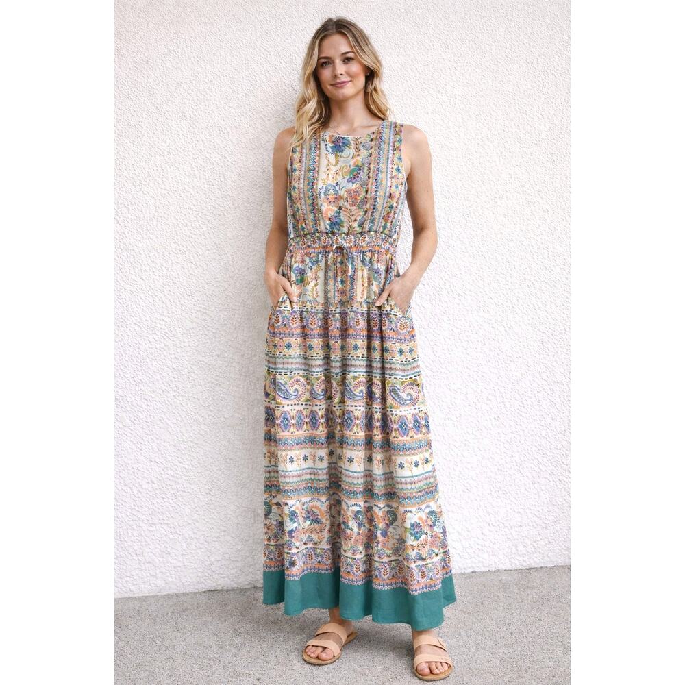 Maison Tara Floral Soft Summer Elastic Waist Boho Maxi Sz Large (fits like med)